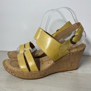 Born Women's Yellow Amabel Cork Platform Wedge Strappy Leather Sandal Size 10